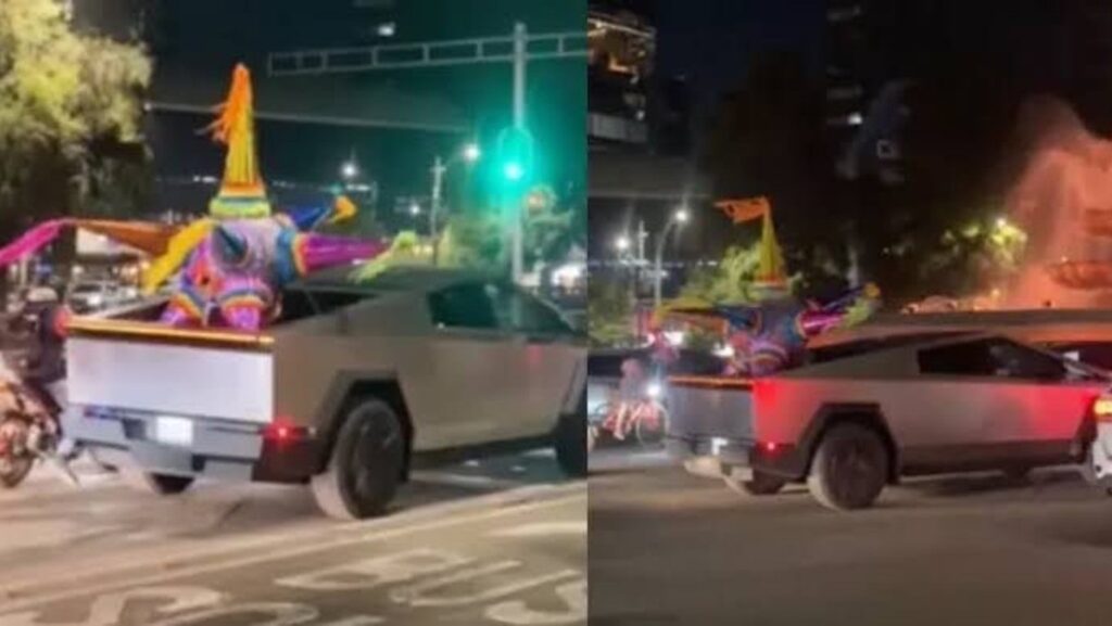 Una Cybertruck transporta una enorme piñata por las calles de México