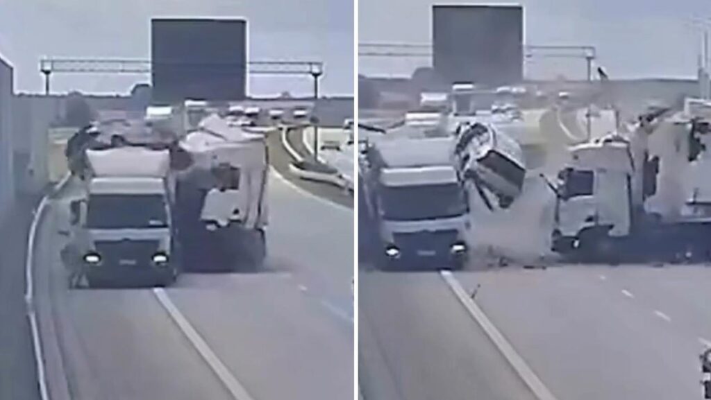 VIDEO: Brutal colisión de dos camiones hace volar un coche por los aires