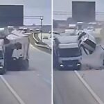 VIDEO: Brutal colisión de dos camiones hace volar un coche por los aires