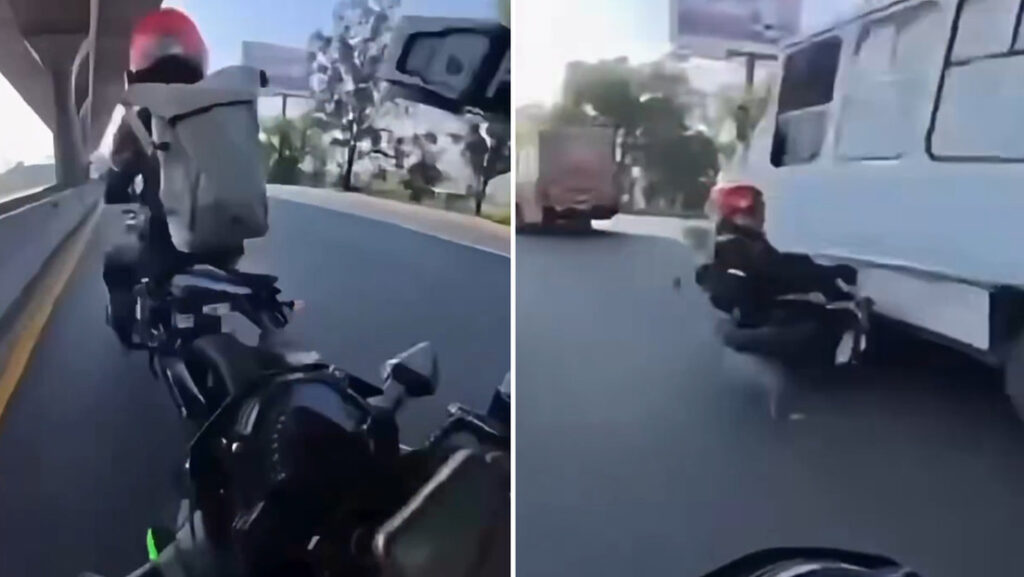 Entre la vida y la muerte: choque entre motos lanza a una mujer a centímetros de un camión que pasaba (VIDEO)