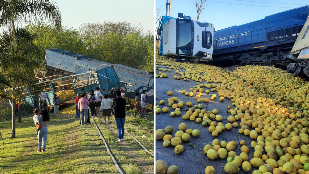 Tren descarrila tras embestir un camión lleno de limones (VIDEOS)