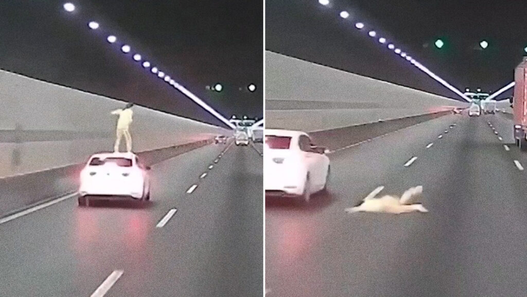 VIDEO FUERTE: Una mujer se lanza desde el techo de un auto en movimiento y por poco es arrollada