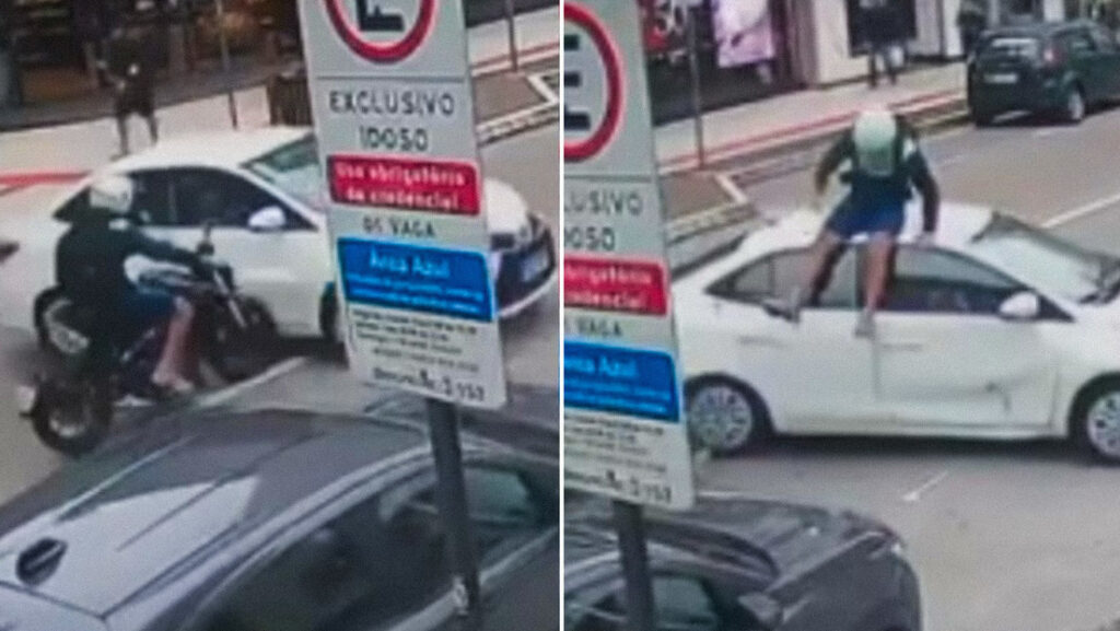 VIDEO: Un motorista sale despedido por los aires y acaba sentado sobre un coche como si nada