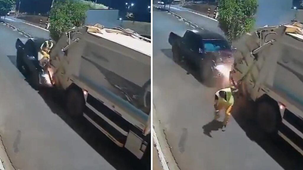 VIDEO: Recolector de basura salta un segundo antes de ser aplastado por una camioneta